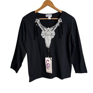 Sassa Womens Top Medium Black Lace Western Country Conchos Fringe Shoulder Pads
